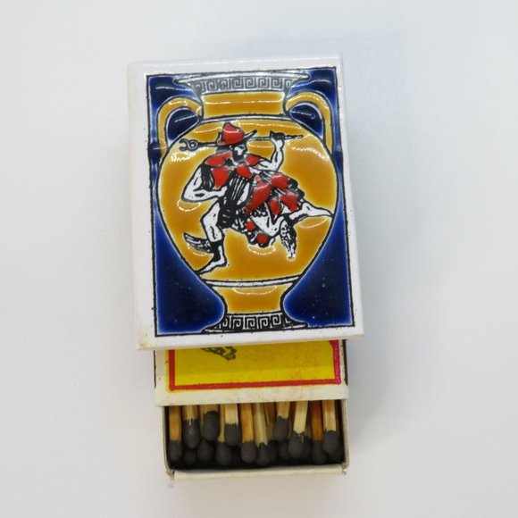 Vintage Wooden Match Box Painted Ceramic Tile Top Metal Box Greece Urn Soldier - Picture 1 of 6